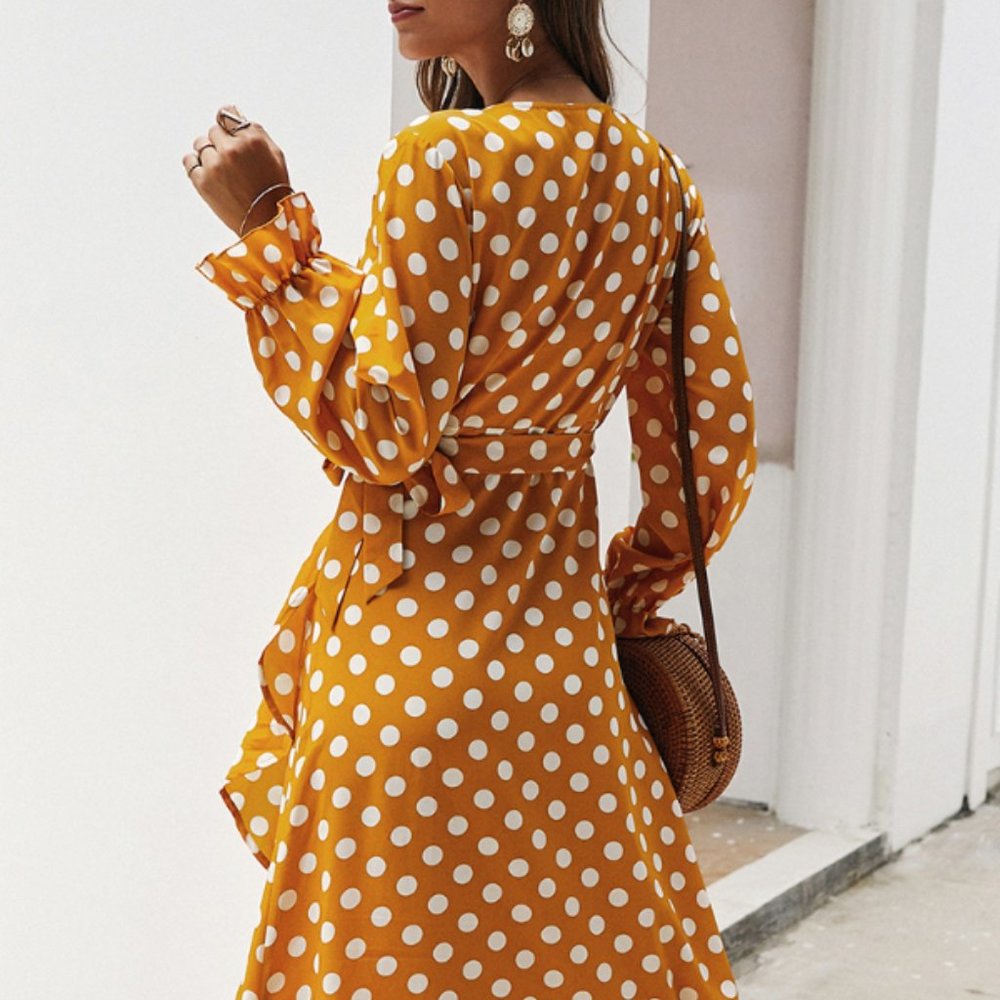 LAST ONE Yellow Polka Dot Wrap Dress - Picture 2 of 5